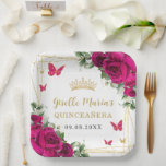 Assiettes En Carton Fuchsia Rose Chaud Floral Papillons Quinceañera<br><div class="desc">Coordonnez votre fête avec ces élégantes assiettes en papier rose fuchsia personnalisées. Personnalisez-les facilement et rapidement, il suffit de cliquer sur le bouton personnaliser pour modifier les textes, changer les polices et les couleurs des polices. Caractéristiques de belles fleurs roses fuchsia aquarelle, papillons dorés et un cadre géométrique doré. Articles...</div>