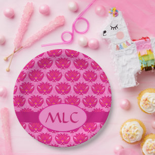 Assiettes En Carton Fuchsia rose moderne Art nouveau Damas Monogramme