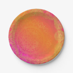 Assiettes En Carton Fuchsia Rose Orange Et Or Mandala Indienne De Fête