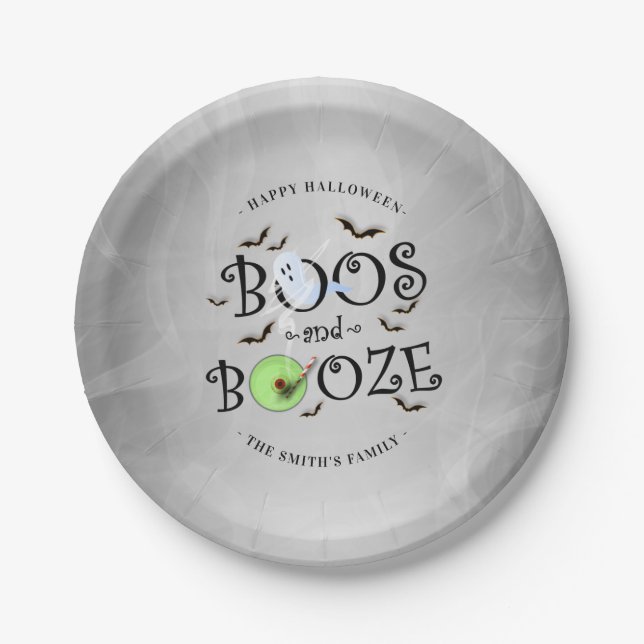 Assiettes En Carton Fumé Gris & Boos Noirs & Booze Halloween Party (Devant)