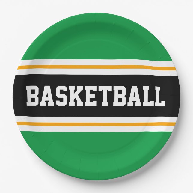 Assiettes En Carton Fun Bright Green Black Yellow BASKETBALL Strips (Devant)