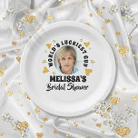Assiettes En Carton Fun Grooms Face Photo Gold Hearts Fête des mariées<br><div class="desc">Amusant design personnalisé de douche de mariée face de mariée. Conçu par Thisisnotme©</div>