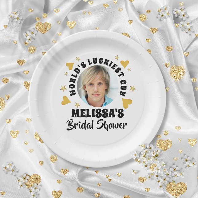 Assiettes En Carton Fun Grooms Face Photo Gold Hearts Fête des mariées (Fun Grooms Face Photo Gold Hearts Bridal Shower Paper Plates)