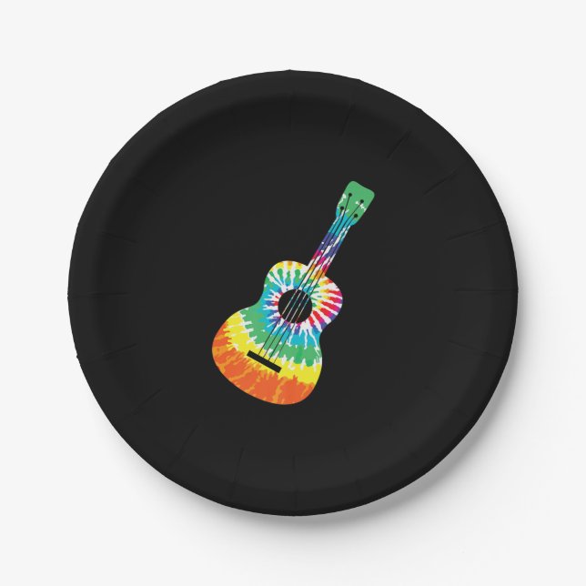 Assiettes En Carton Fun Hippie Rainbow Tie Dye Acoustic Guitar Premium (Devant)