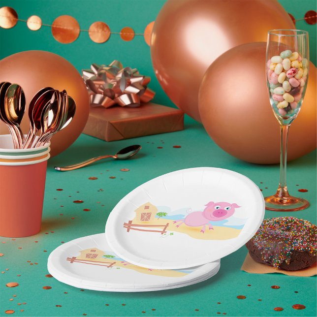 Assiettes En Carton Fun Pig sur ferme avec grange et clôture (Créateur téléchargé)