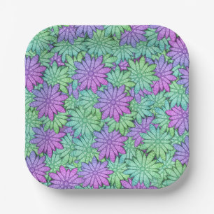 Assiettes En Carton Fun Purple et Fleurs vertes