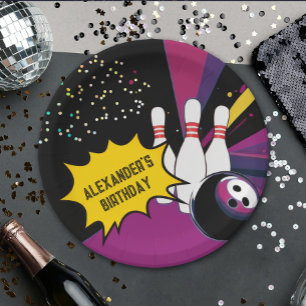 Assiettes En Carton Fun Retro Bowling Purple Rose Girl Anniversaire