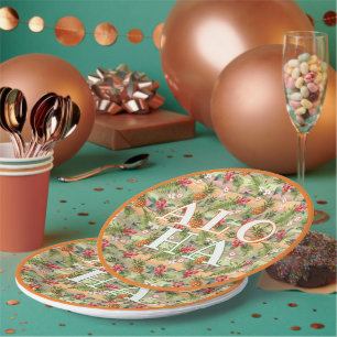 Assiettes En Carton Fun Tropical Pineappy Fruit Floral Stripe Motif