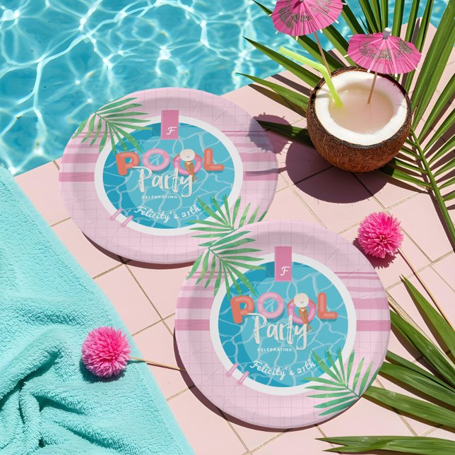 Assiettes En Carton Fun Tropical Pink & Blue Summer Pool Party (Fun Tropical Pink & Blue Summertime Pool Party Paper Plates)