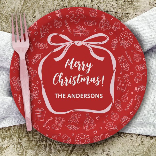 Assiettes En Carton Fun Whimsical main tiré Bow Noël (Personalize this cute Christmas holiday paper plate for you Christmas party.)