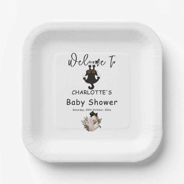 Assiettes En Carton Funny Chat noir et Baby shower de livre (Recto)