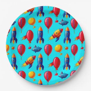 Assiettes En Carton Fusées colorées, ballons, étoiles et sous-marins