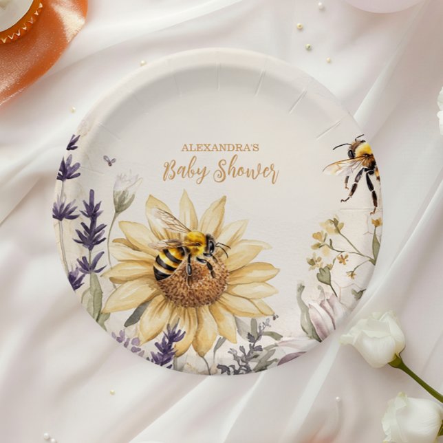 Assiettes En Carton Futur Maman Abeille Jaune Floral Baby Shower (Créateur téléchargé)