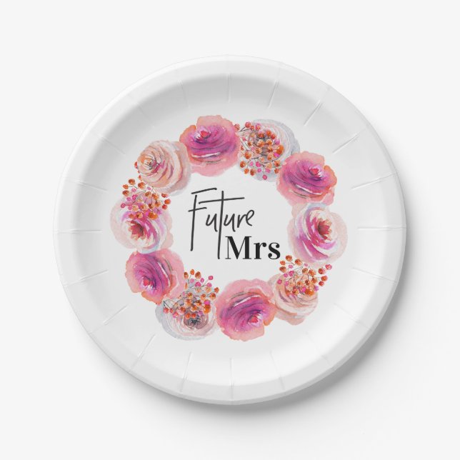 Assiettes En Carton Futur Mme Pink Floral Bachelorette Fête des mariée (Devant)