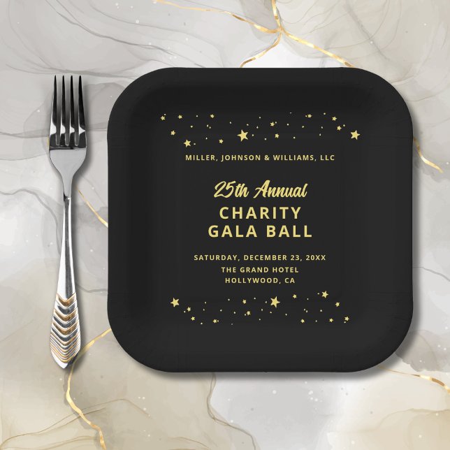 Assiettes En Carton Gala événement Charity Ball collecte de fonds Blac (Gala Event Charity Ball Fundraiser Black and Gold Paper Plate, Company Name,  Event Details, Stars.)