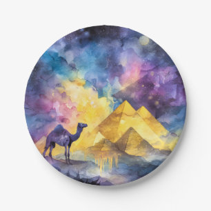 Assiettes En Carton Galaxie Désertique à l'Aquarelle Chameau Pyramide