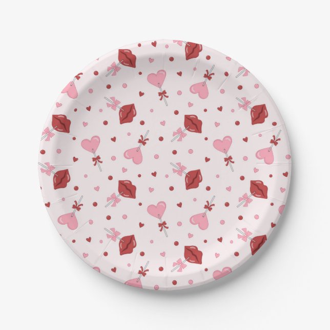 Assiettes En Carton Galentine's Valentine Pink Heart Lollipop Design (Devant)