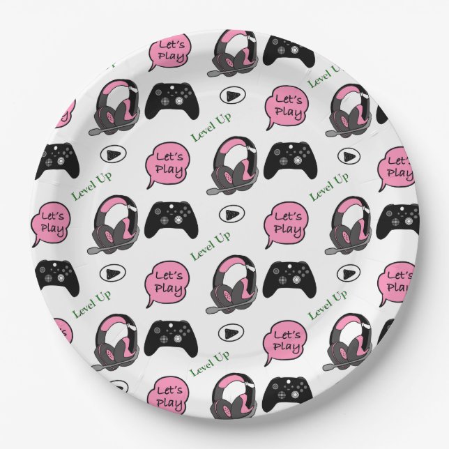 Assiettes En Carton Gamer Girl rose et noir anniversaire (Devant)