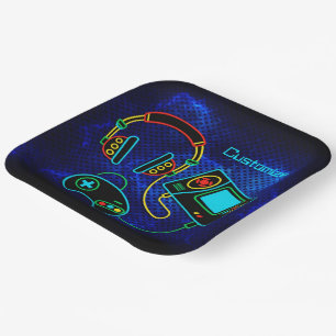 Assiettes En Carton Gamer Retro Neon Blue