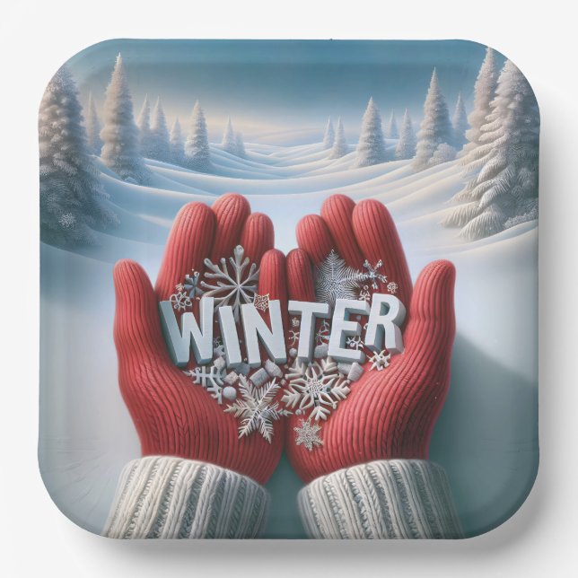 Assiettes En Carton Gants rouges avec texte d'hiver (Recto)