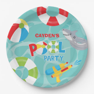 Assiettes En Carton Garçon d'anniversaire de fête à la piscine requin