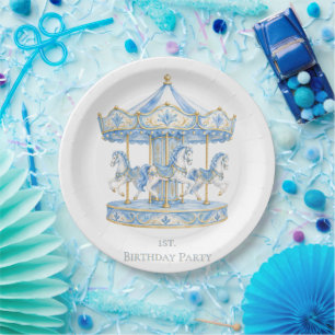 Assiettes En Carton Garçon de carrousel aquarelle bleue 1er anniversai