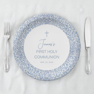 Assiettes En Carton Garçon de première communion bleu et blanc à motif