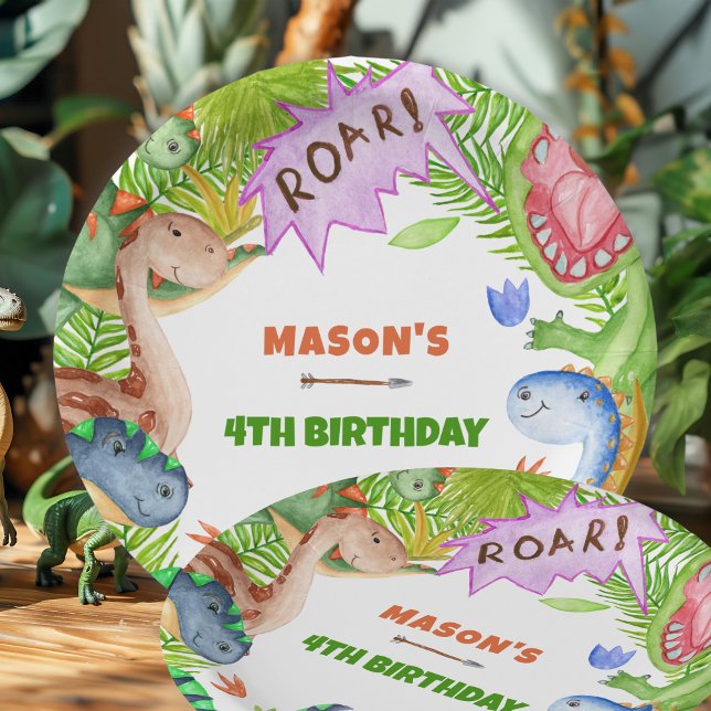 Assiettes En Carton Garçon dinosaure 4e anniversaire  (Créateur téléchargé)