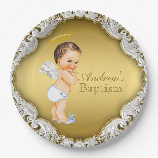 Assiettes En Carton Garçon Gold Angel Baptême Christening (Devant)