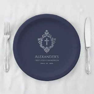Assiettes En Carton Garçon Première communion Marine Bleu Argent Vinta