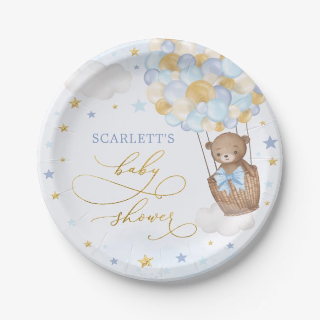Assiettes En Carton Garçon Teddy Oear Baby shower Blue Gold Stars Part (Devant)