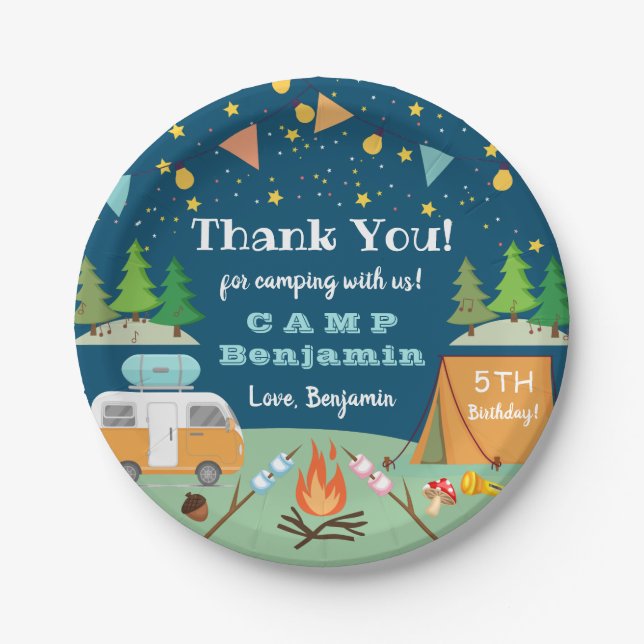 Assiettes En Carton Garçons Camping Anniversaire Camp hors fête (Devant)