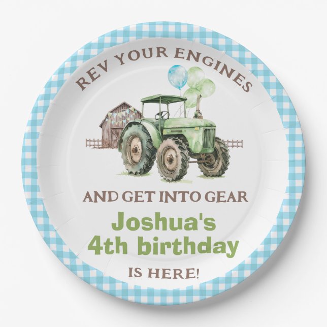 Assiettes En Carton Garçons Green Blue Balloons Tracteur Anniversaire (Devant)