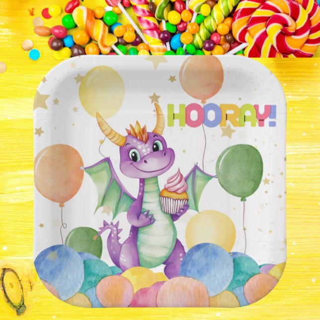 Assiettes En Carton Garçons Joli Dragon moderne Enfants Plaque en papi (Cute Dragon Birthday Party Plate - Watercolor Cupcake & Balloons - Hooray Theme - Kids Party )