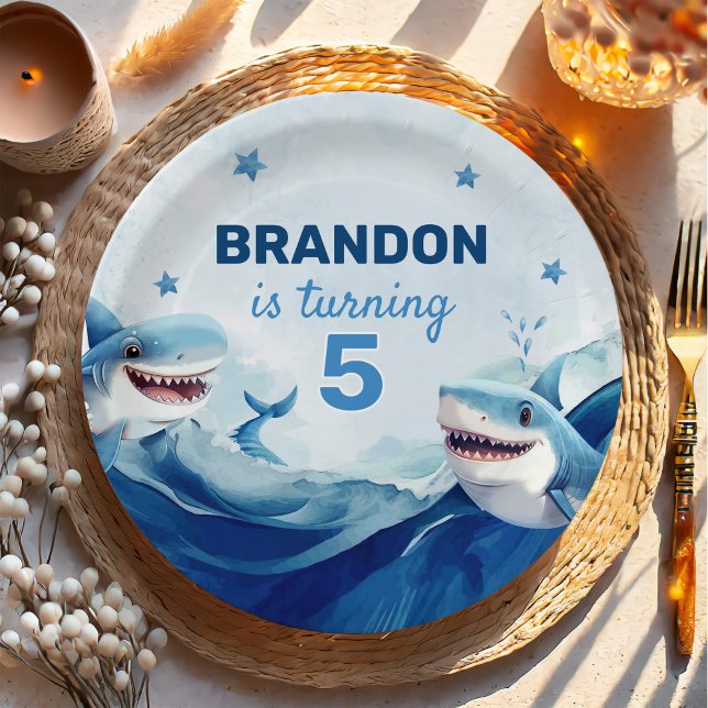 Assiettes En Carton Garçons sous l'océan marin requin 5e anniversaire (Créateur téléchargé)