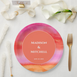 Assiettes En Carton Garden Sunrise Pink Orange Aquarelle Mariage
