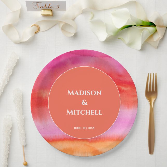 Assiettes En Carton Garden Sunrise Pink Orange Aquarelle Mariage (Mariage)