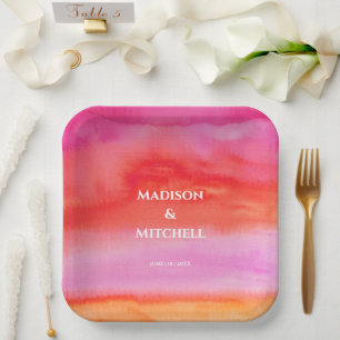 Assiettes En Carton Garden Sunrise Pink Orange Aquarelle Mariage