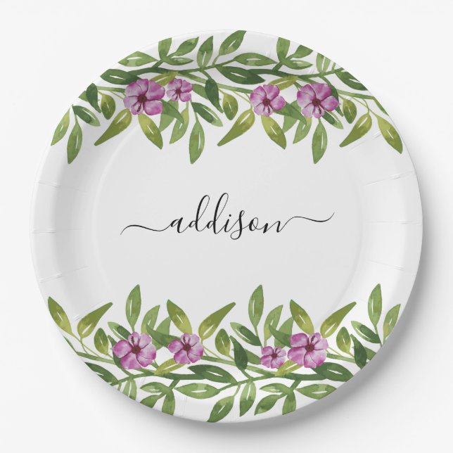 Assiettes En Carton Garlande fleurie violette et printemps typographiq (Devant)