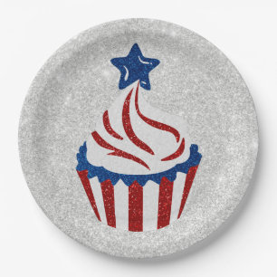 Assiettes En Carton Gâteau au Glitter Rouge, Blanc & Bleu du 4 juillet