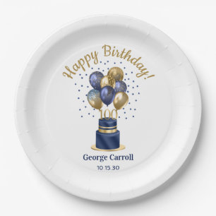 Assiettes En Carton Gâteau avec ballons bleu marine pour 100e annivers