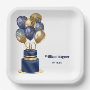 Assiettes En Carton Gâteau avec ballons bleu marine pour 90e anniversa