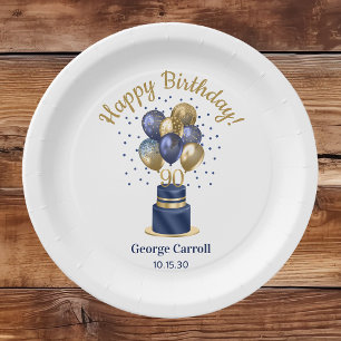 Assiettes En Carton Gâteau avec ballons bleu marine pour 90e anniversa