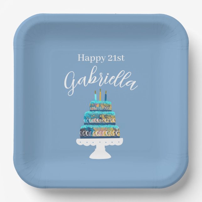 Assiettes En Carton Gâteau d'anniversaire bleu personnalisé (Recto)