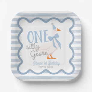 Assiettes En Carton Gâteau d'anniversaire One Silly Goose Blue Bow 1er