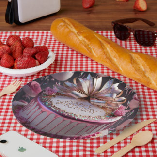 Assiettes En Carton Gâteau d'anniversaire rose fardé Célébration