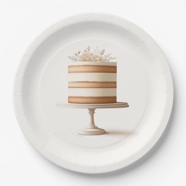 Assiettes En Carton Gâteau de Fête de Mariage Floral Blanc Élégant (Devant)