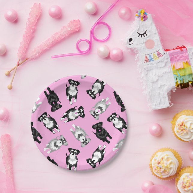 Assiettes En Carton Gâteau de fête rose aux schnauzers mignons (Fête)