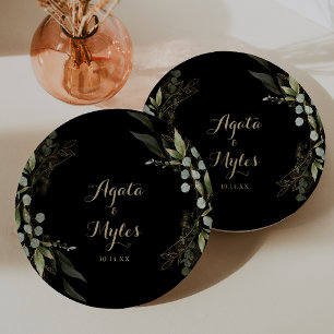 Assiettes En Carton Gâteau de mariage en or et eucalyptus verdâtre
