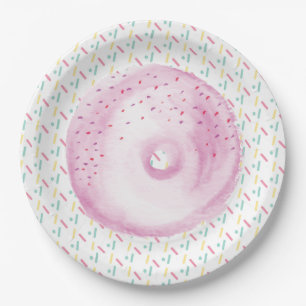Assiettes En Carton Gâteau donut givré aquarelle rose et paillettes